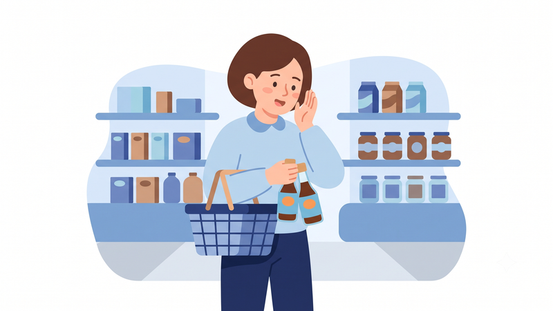 買い物カゴに同じ調味料のボトルが2本入っているのに気づいて驚く女性のイラスト