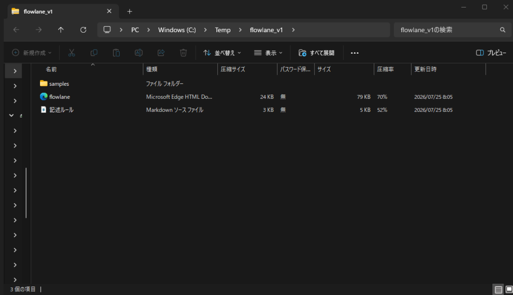 ダウンロードしたzipを開いた画面。flowlane.html・記述ルール.md・samplesフォルダの3点が入っている