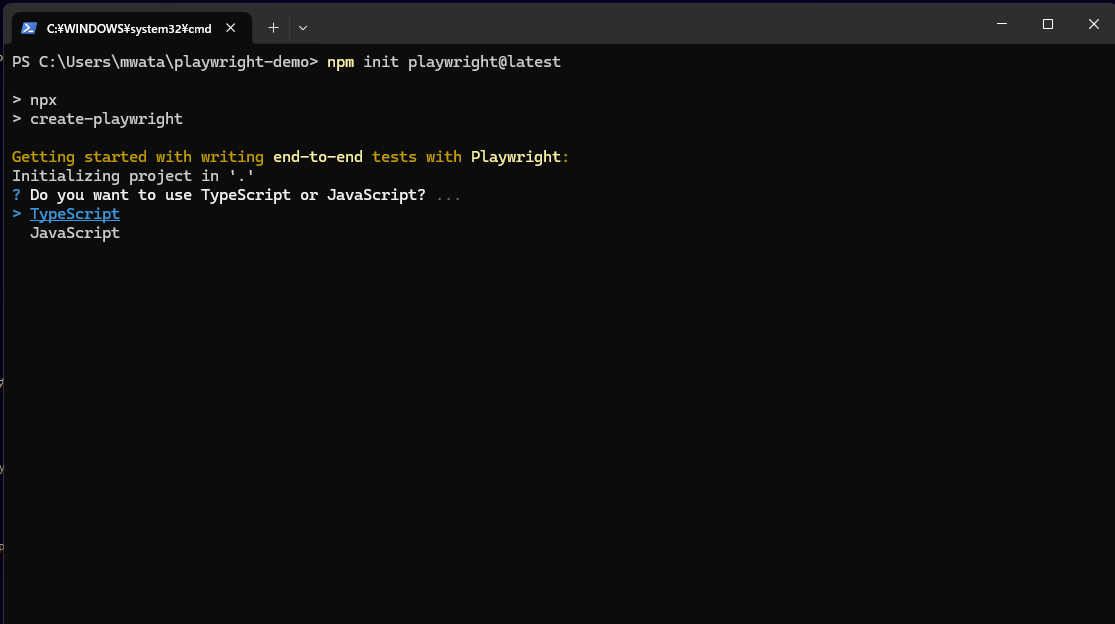 npm init playwright@latestを実行した際の対話画面（TypeScript選択中）