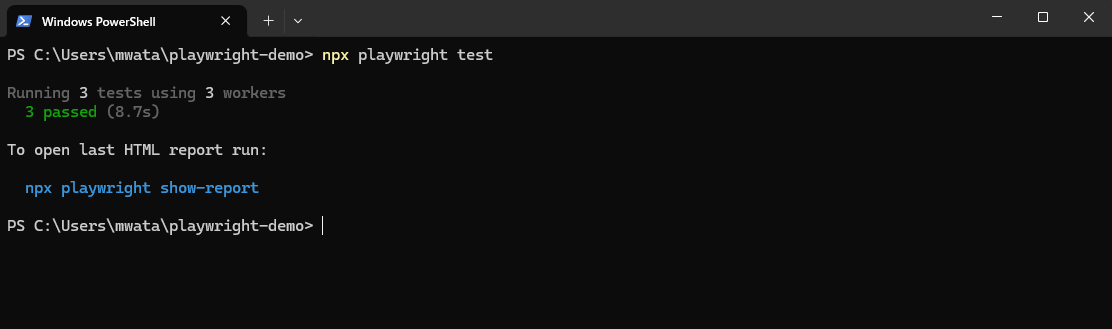 npx playwright testが成功し「3 passed」と表示された緑色の結果画面